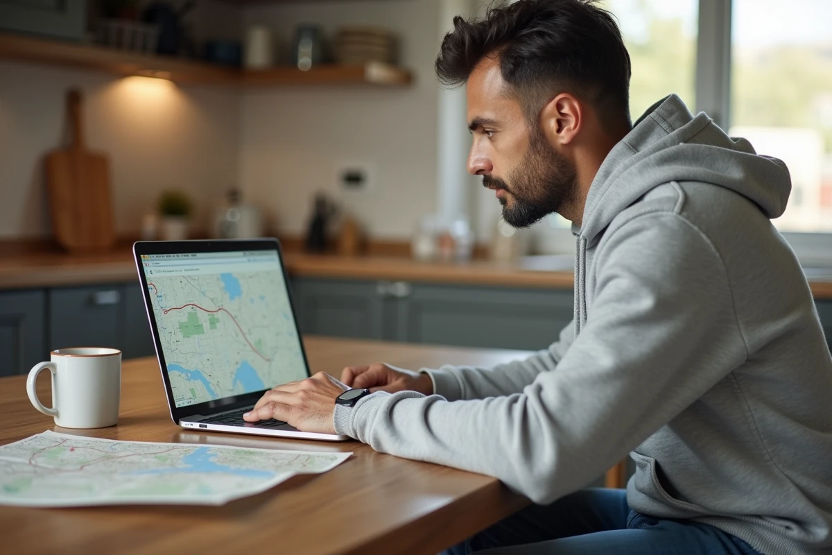 Homme planifiant un itinéraire alternatif sur ordinateur portable avec une carte routière pour éviter les bouchons