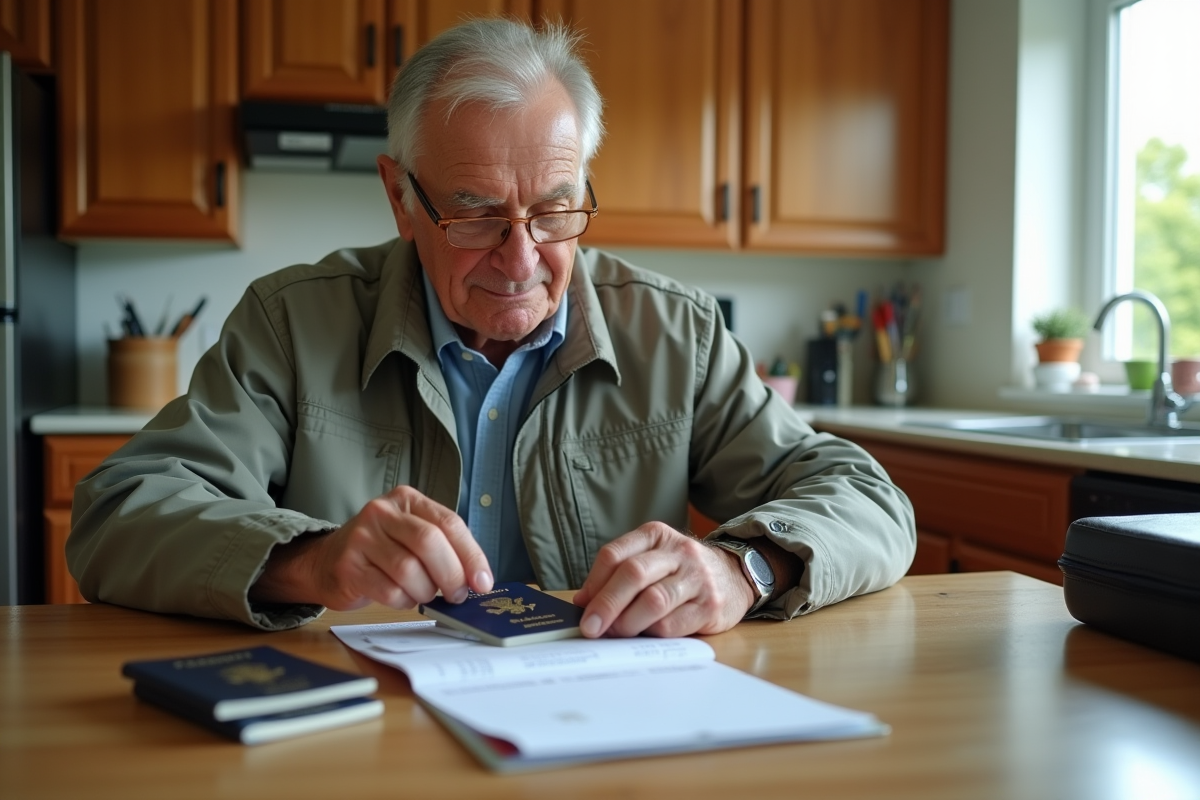 Homme âgé organisant ses papiers de voyage à la maison