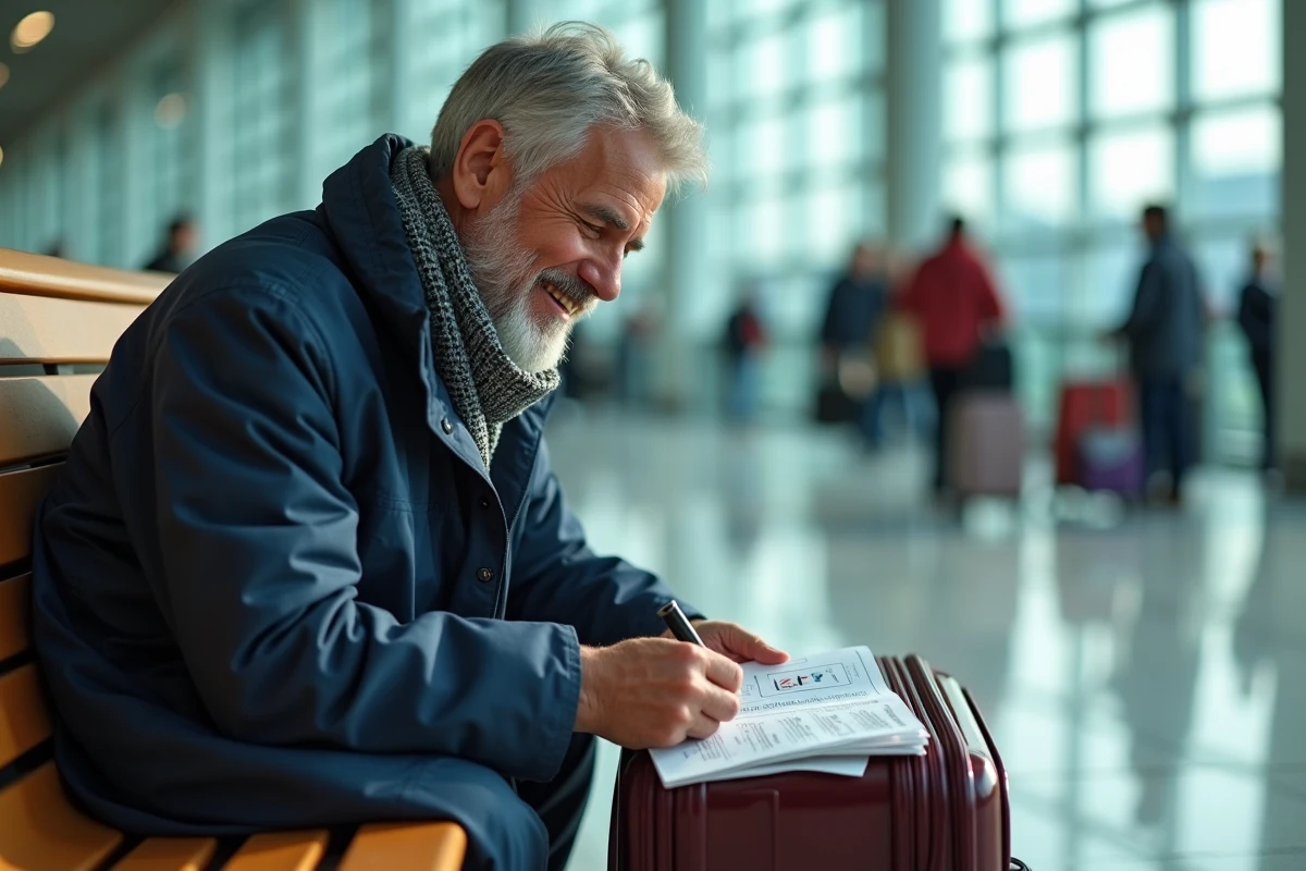 Homme écrivant sur une étiquette de bagage dans un aéroport