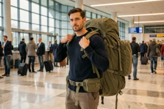 Homme portant un grand sac à dos de voyage olive dans un aéroport moderne