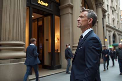 Homme en costume navy devant un grand magasin de luxe