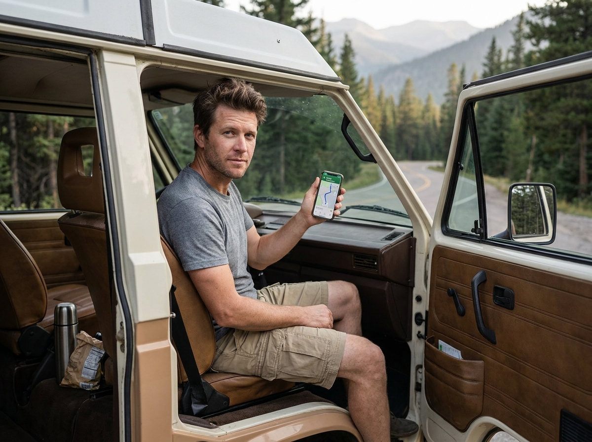 Homme au volant d'un van vintage consultant son GPS pour planifier un road trip en montagne