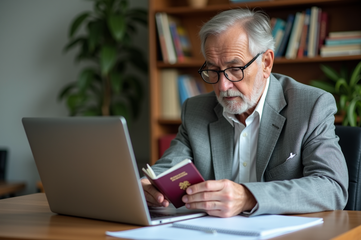 Homme âgé vérifiant son passeport à la maison