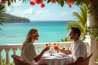 Couple profitant d'un dîner en terrasse dans un hôtel 5 étoiles tout compris en Guadeloupe avec vue sur la mer des Caraïbes