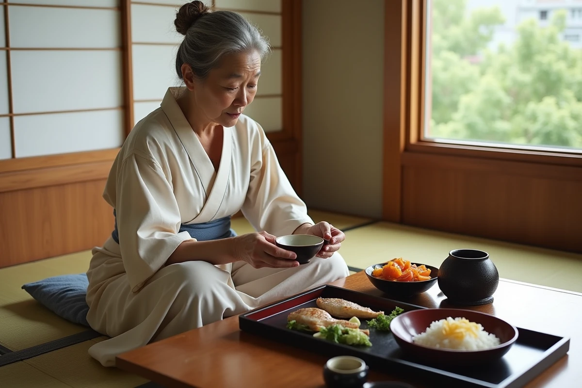 Petit-déjeuner traditionnel japonais dans un ryokan d'Asakusa avec une femme en yukata assise sur tatami