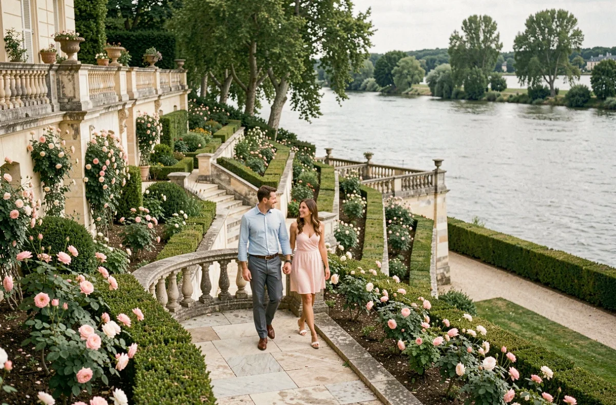 Couple se promenant dans les jardins en terrasses de l'Hôtel Le Choiseul à Amboise avec vue sur la Loire en contrebas