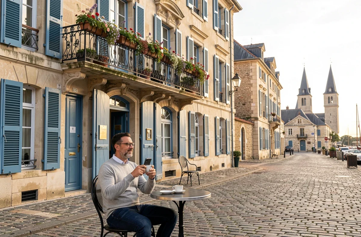 Hôtel de Paris sur une place pavée du vieux port de La Rochelle avec terrasse de café