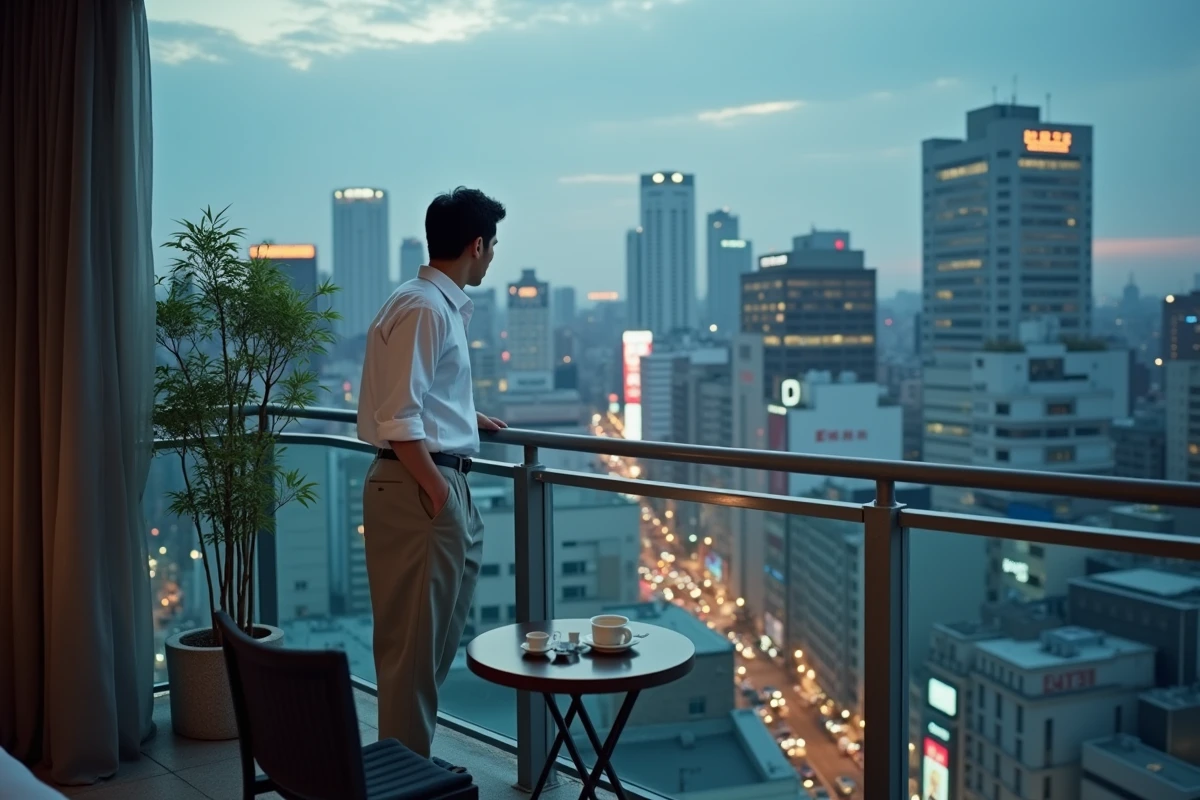 Voyageur sur le balcon d'un hôtel de Shibuya avec vue panoramique sur les toits de Tokyo