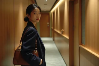 Couloir d'un hôtel de Shinjuku à Tokyo avec une voyageuse élégante portant un sac de voyage en cuir