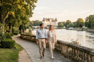 Couple se promenant sur les bords de Loire en Centre-Val de Loire avec un château en arrière-plan, ambiance hôtellerie de luxe