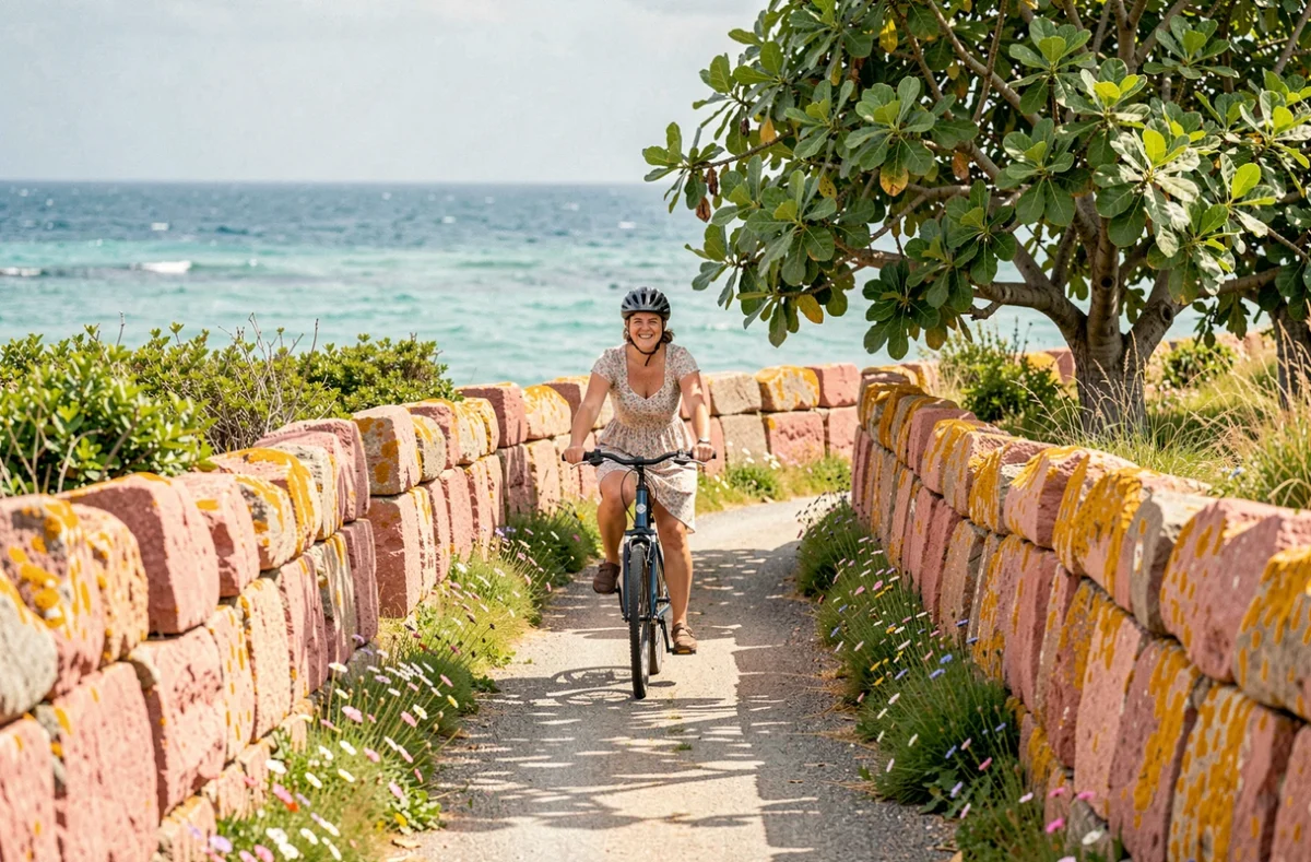 Cycliste sur un chemin fleuri de l'île de Bréhat entouré de murs en granit rose et de végétation méditerranéenne, archipel sans voiture des Côtes-d'Armor