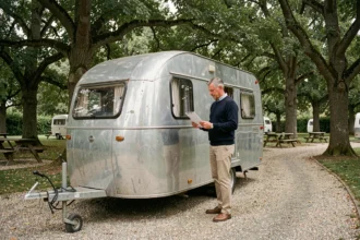 Homme inspectant une caravane Eriba Touring d'occasion sur un terrain de camping, vérification de l'état extérieur avant achat