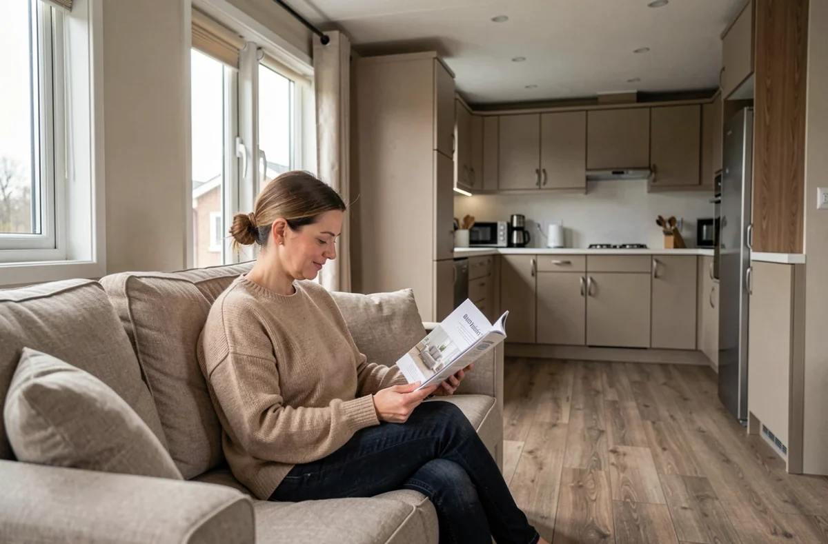 Intérieur confortable d'un mobil-home haut de gamme avec cuisine équipée et salon aménagé