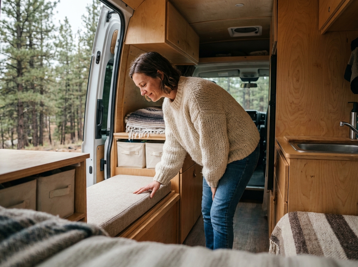 Femme inspectant l’intérieur d’un van confortable