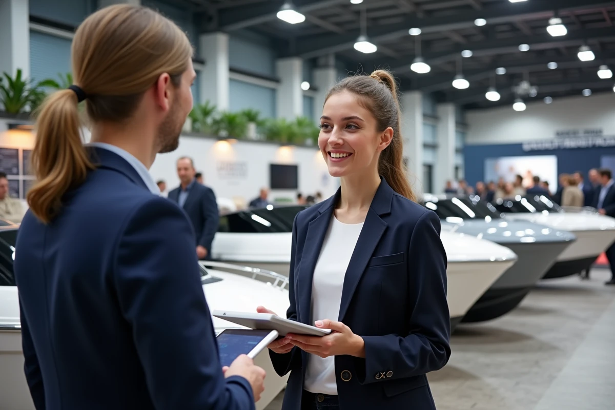 Jeune femme interviewant un designer de bateaux écologiques