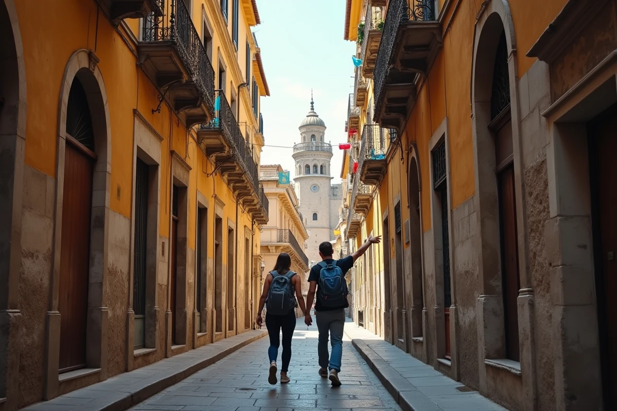 Couple en balade dans les ruelles historiques d'Albergheria à Palerme avec le Palais des Normands en arrière-plan