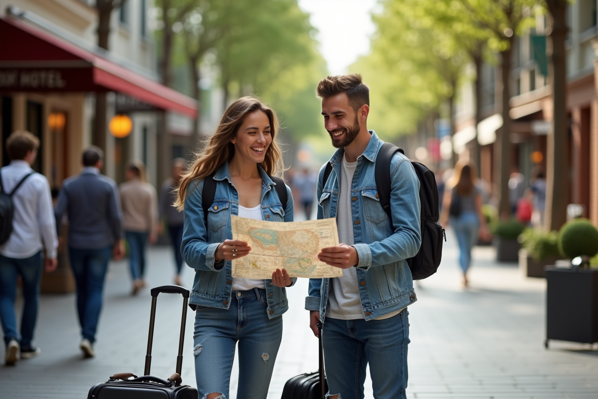 Jeune couple discutant avec une carte dans une rue animée