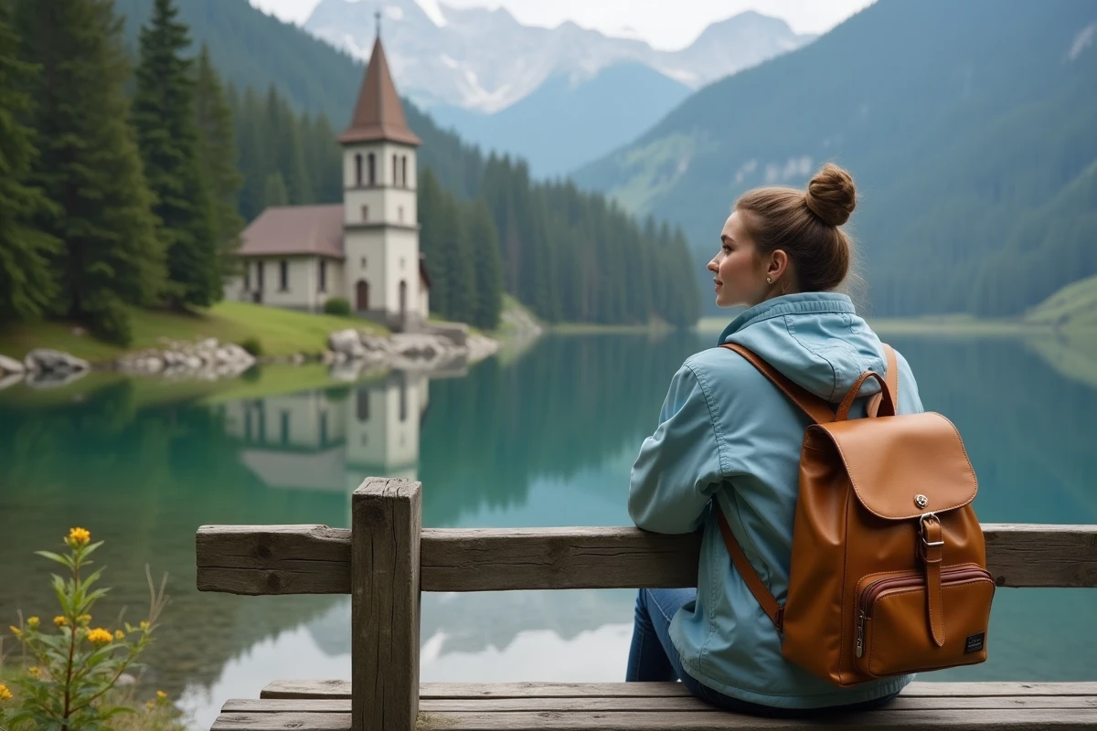 Jeune femme assise au bord d’un lac alpin avec chapelle en arrière-plan