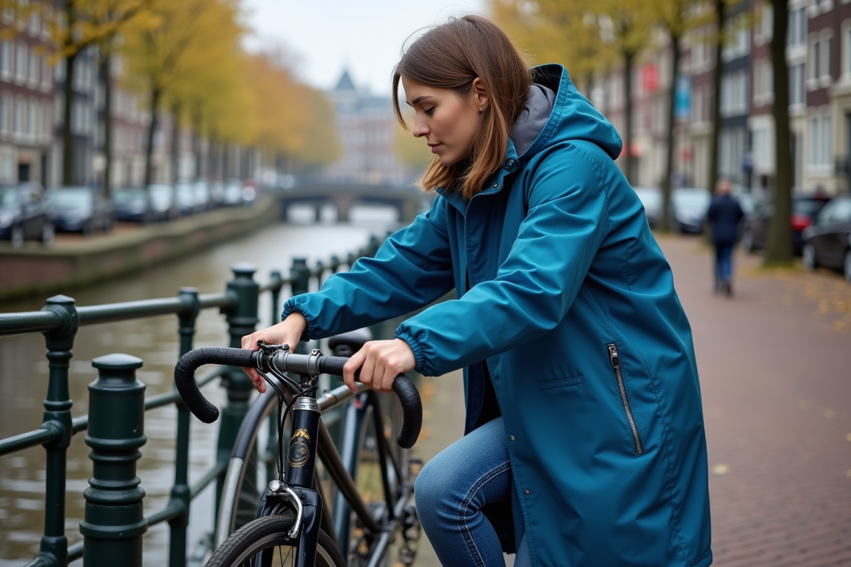 Jeune femme en imper bleu verrouille son vélo à Amsterdam