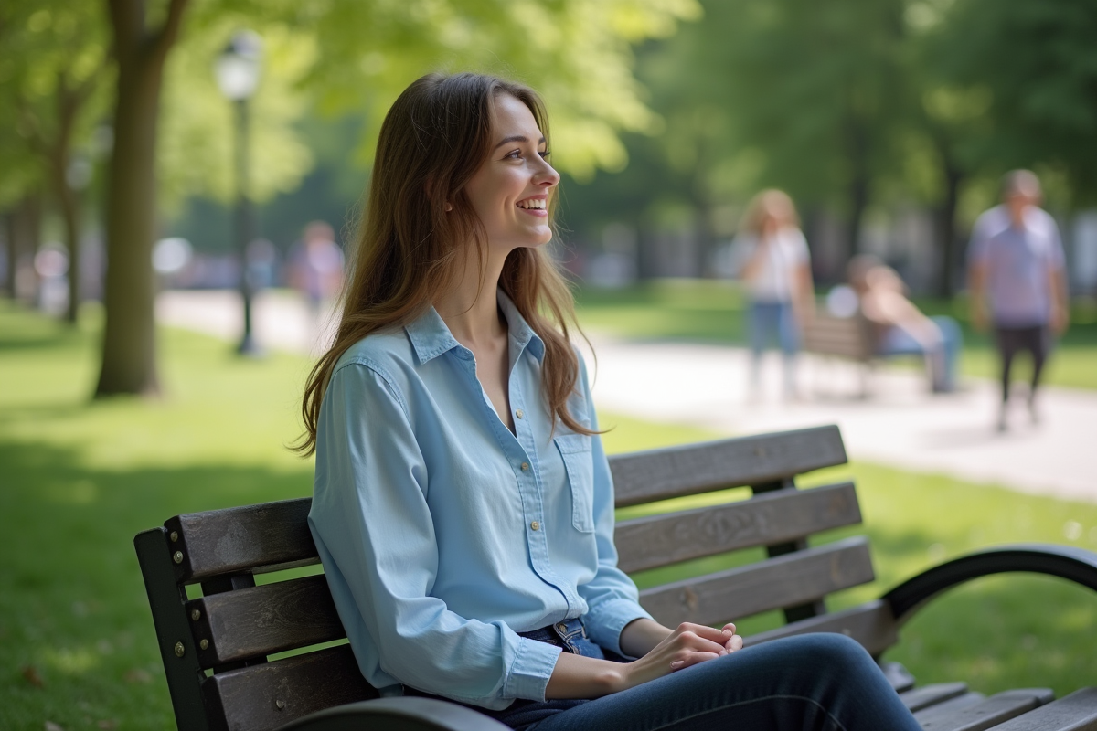 Jeune femme assise sur un banc dans un parc urbain ensoleille
