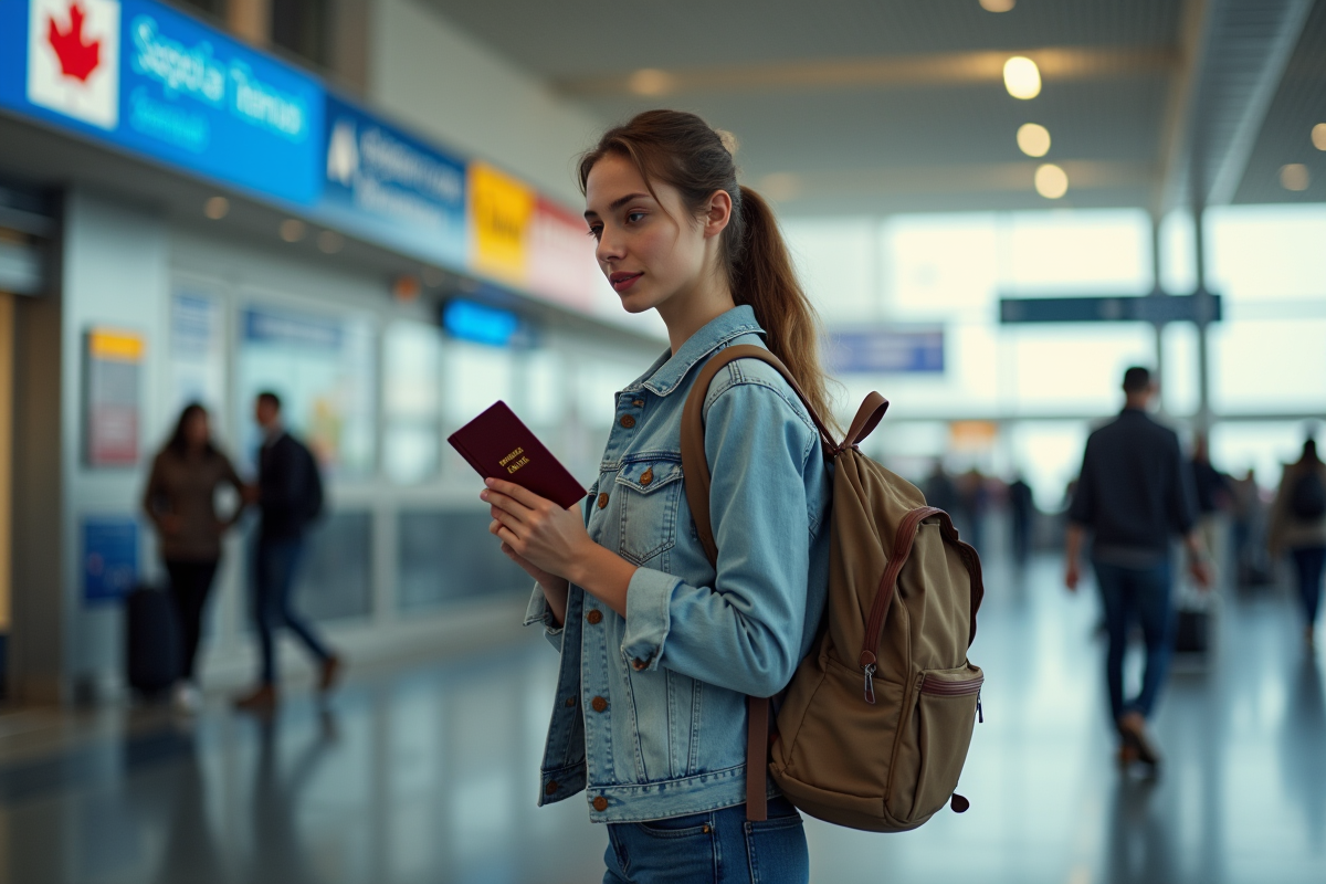 Jeune femme regardant son passeport à l'aéroport