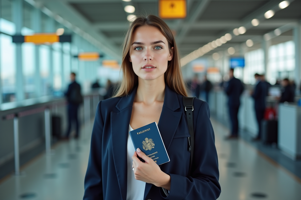 Jeune femme avec passeport à la frontière aéroport