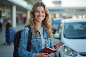 Jeune femme avec passeport et voiture de location en Europe