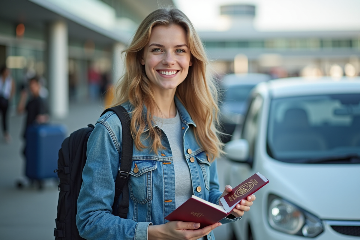 Jeune femme avec passeport et voiture de location en Europe