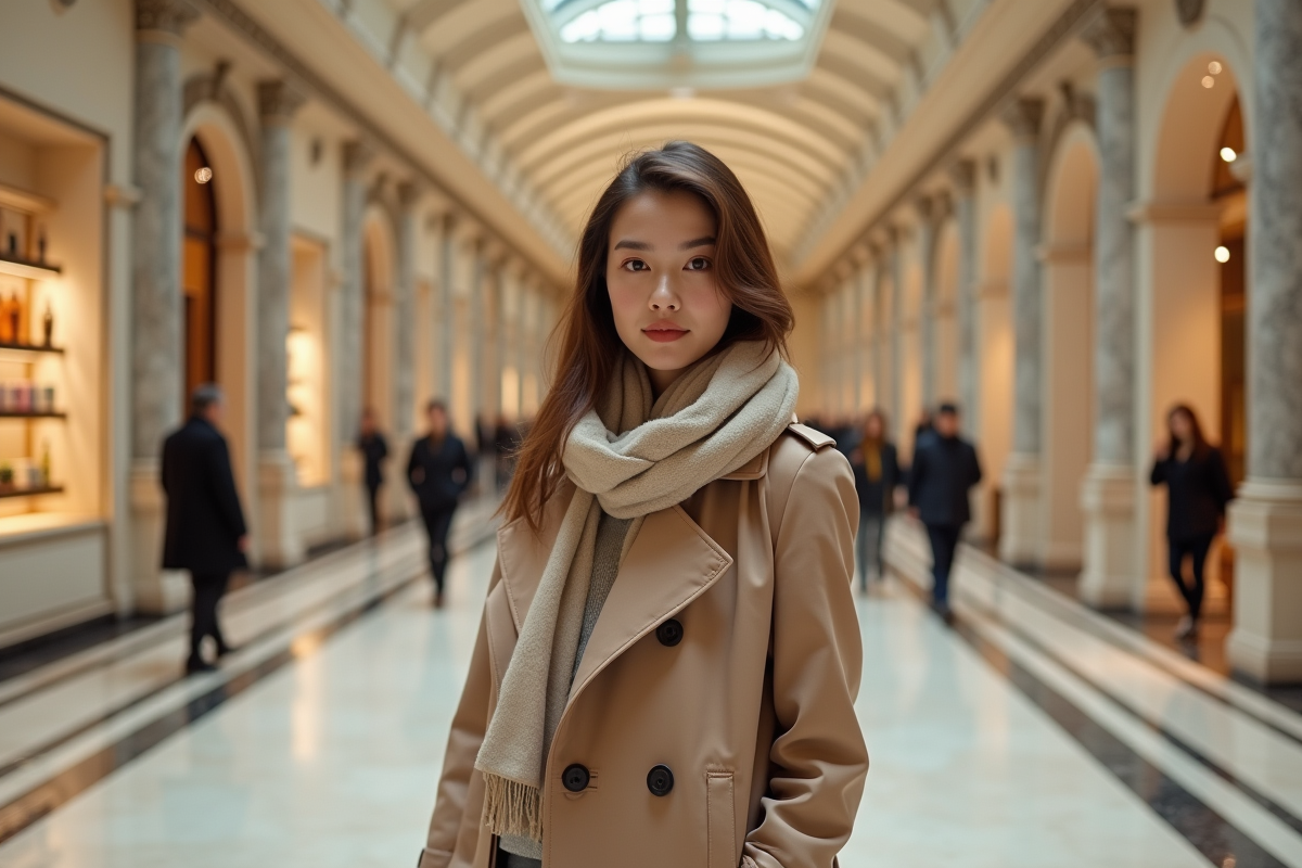 Jeune femme en trench dans un hall de magasin élégant