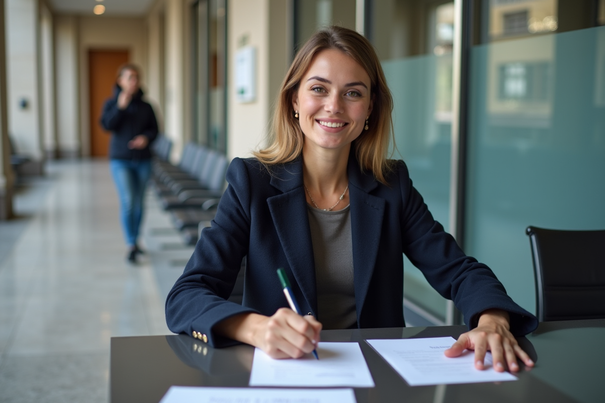 Jeune femme en bureau français remplissant des papiers