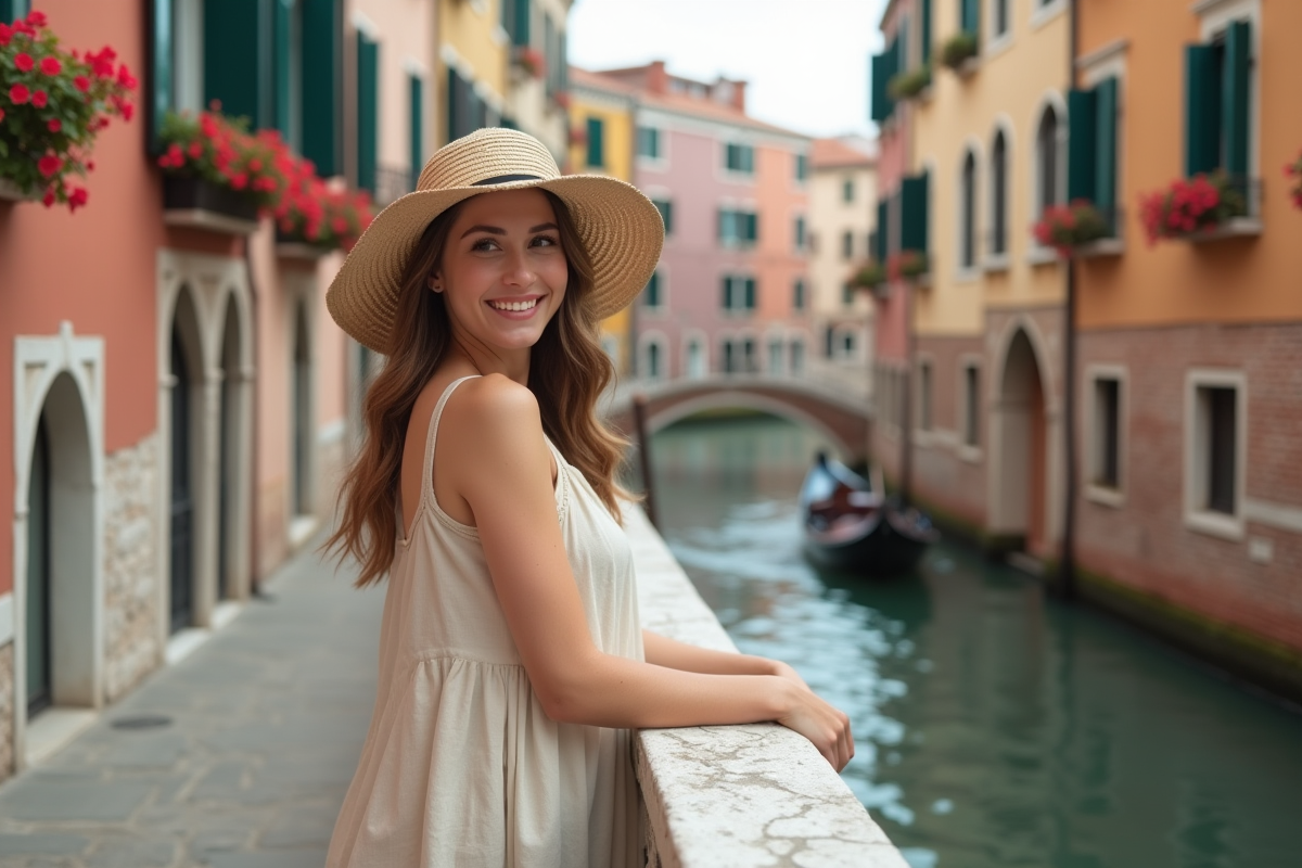 Jeune femme en linen sur un pont vénitien contemplant la ville