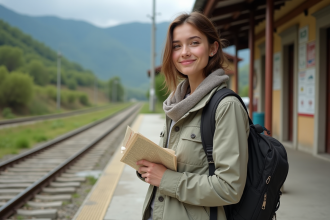 Jeune femme voyageant en Albanie sur une plateforme rurale