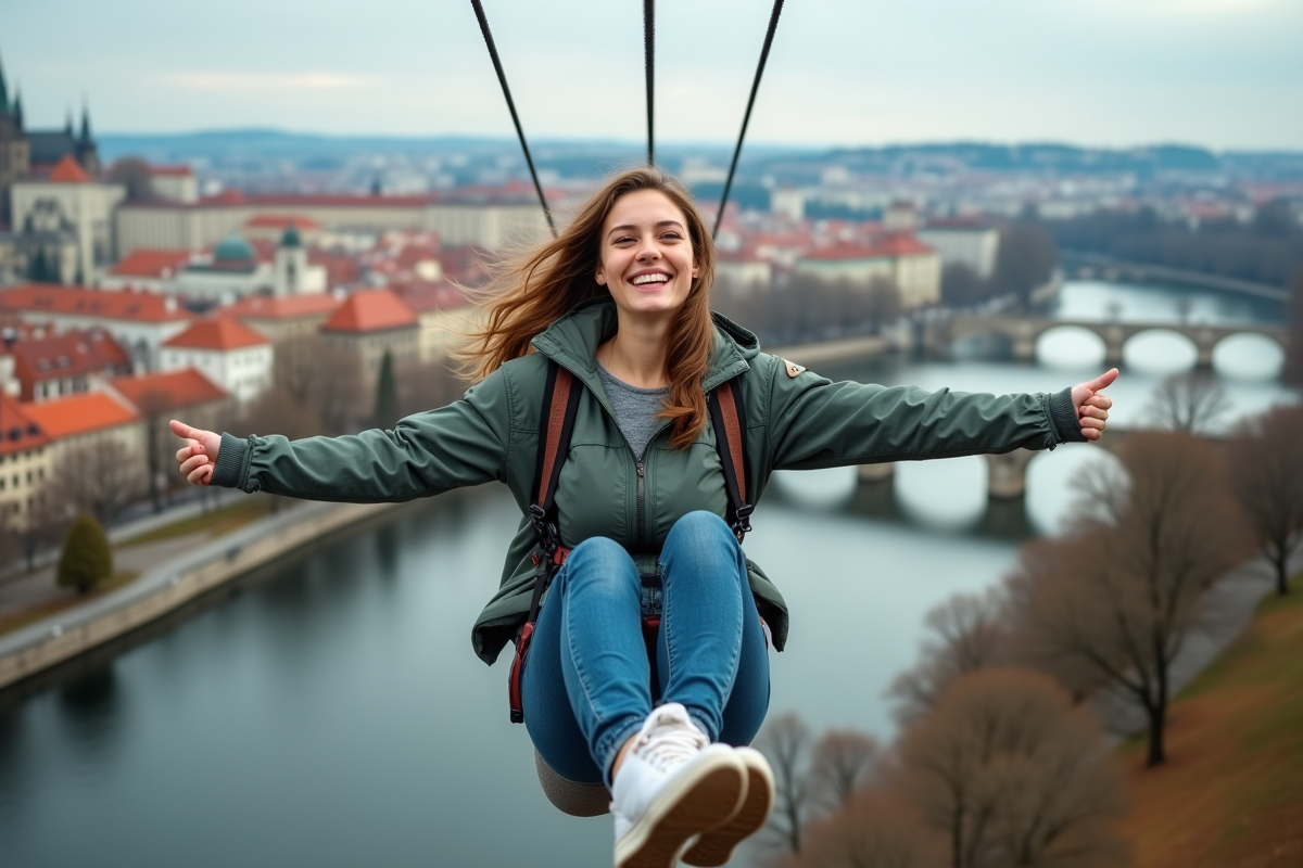 Jeune femme souriante ziplanant au-dessus de Prague