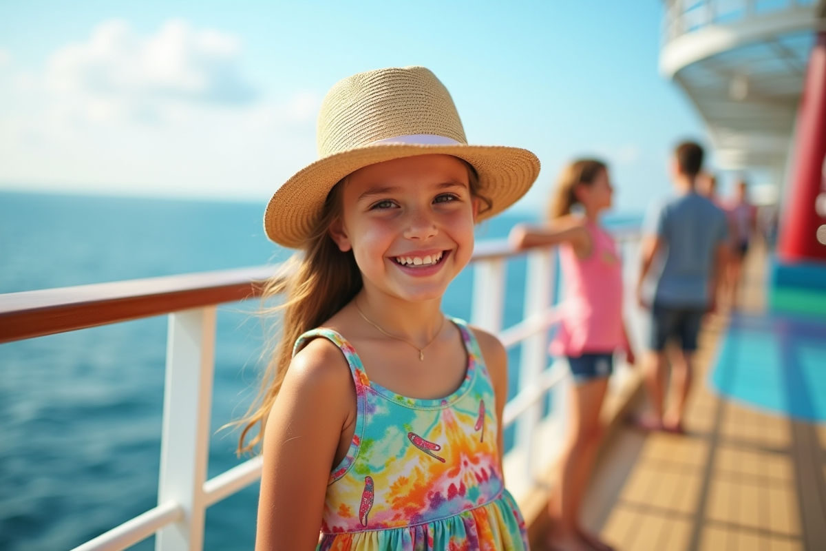 Jeune fille souriante en robe colorée sur le pont du navire