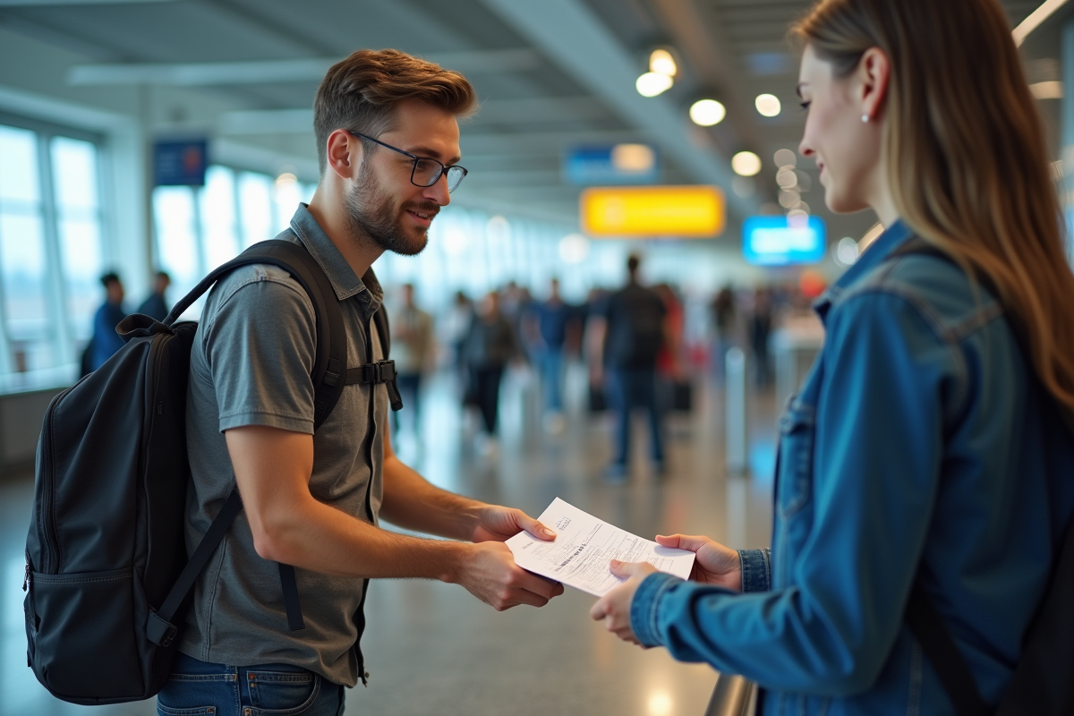 Jeune homme remettant son passeport à un agent à l