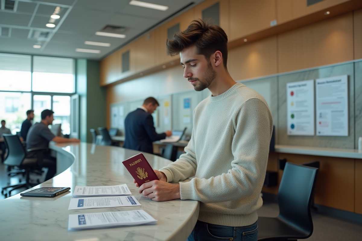 Jeune homme discutant avec un agent au bureau de passeport