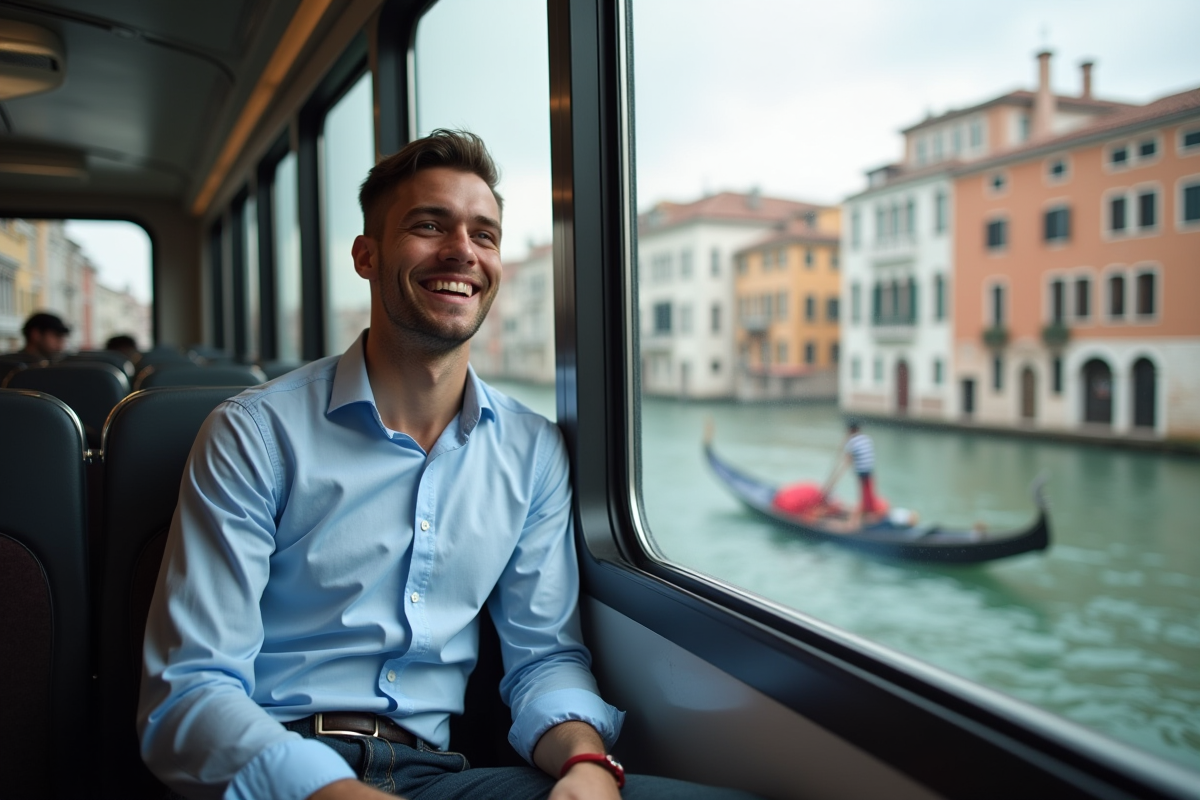 Jeune homme souriant dans un vaporetto à Venise