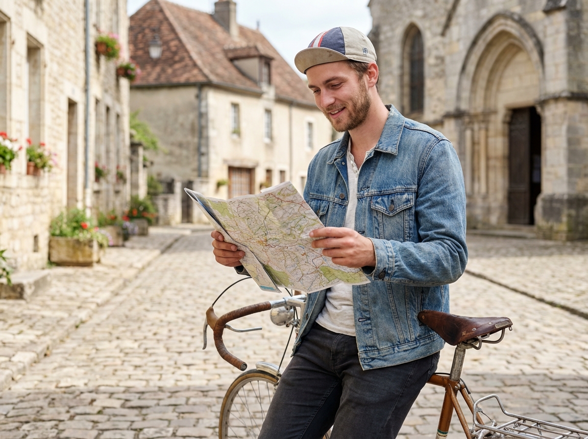 Jeune homme avec carte dans un village historique