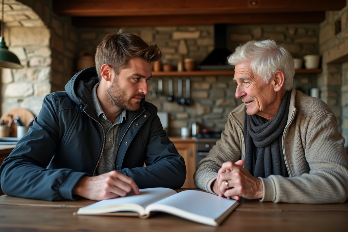 Jeune voyageur écoute un hôte dans une cuisine rustique