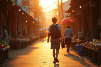 Jeune voyageur marche dans un marché thaïlandais au lever du soleil