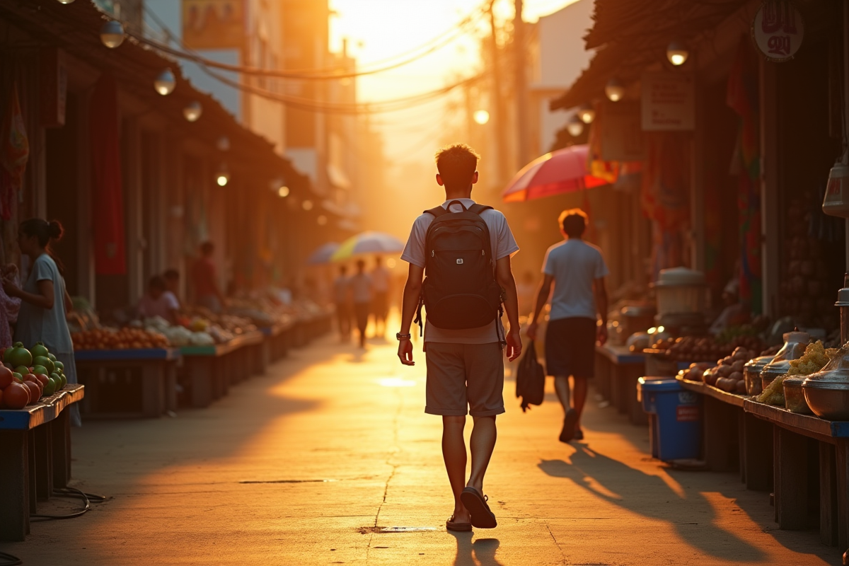 Jeune voyageur marche dans un marché thaïlandais au lever du soleil