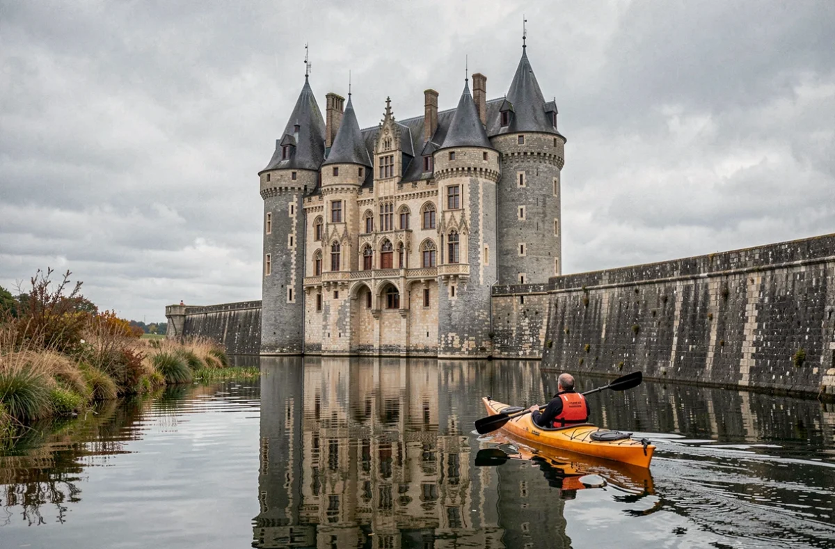 Le château de Josselin et ses trois tours coiffées de poivrières se reflétant dans les eaux calmes de l'Oust, cité castrale du Morbihan