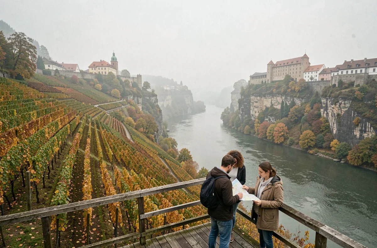 Point de vue sur la vallée du Rhin près de Koblenz avec vignobles en terrasses, châteaux médiévaux et touristes consultant une carte