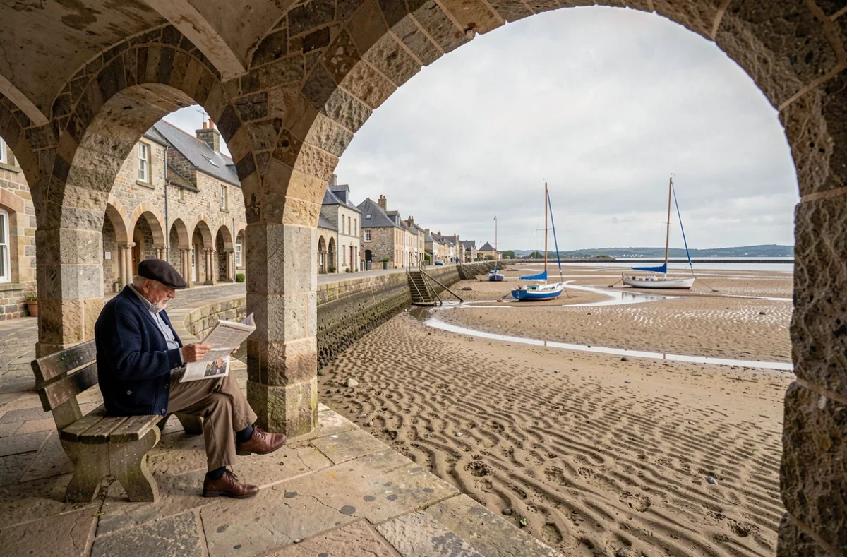 Les maisons à arcades du quai de Le Faou au-dessus de l'estuaire découvert à marée basse, village d'estuaire du Finistère