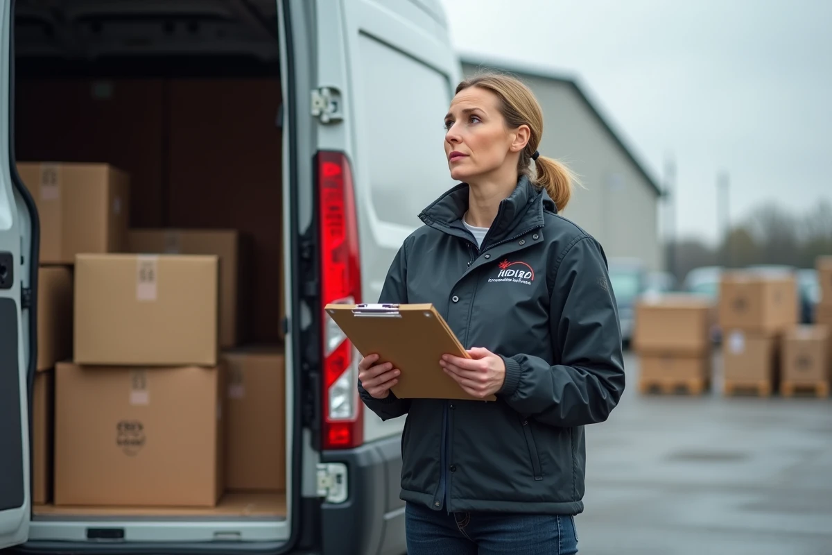 Femme livreuse vérifiant un colis dans un parking industriel