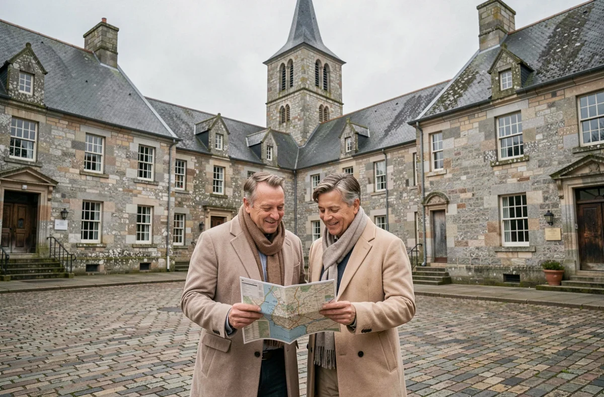 La place centrale de Locronan avec ses bâtiments Renaissance en granite et l'église Saint-Ronan, village médiéval préservé du Finistère