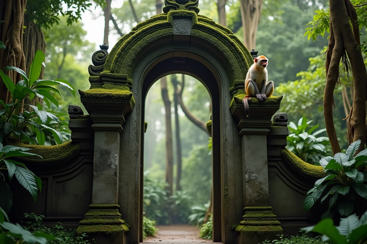 Macaque à longue queue perché sur un portail de temple en pierre moussu dans la Forêt des Singes Sacrés d'Ubud à Bali, entouré de végétation tropicale dense