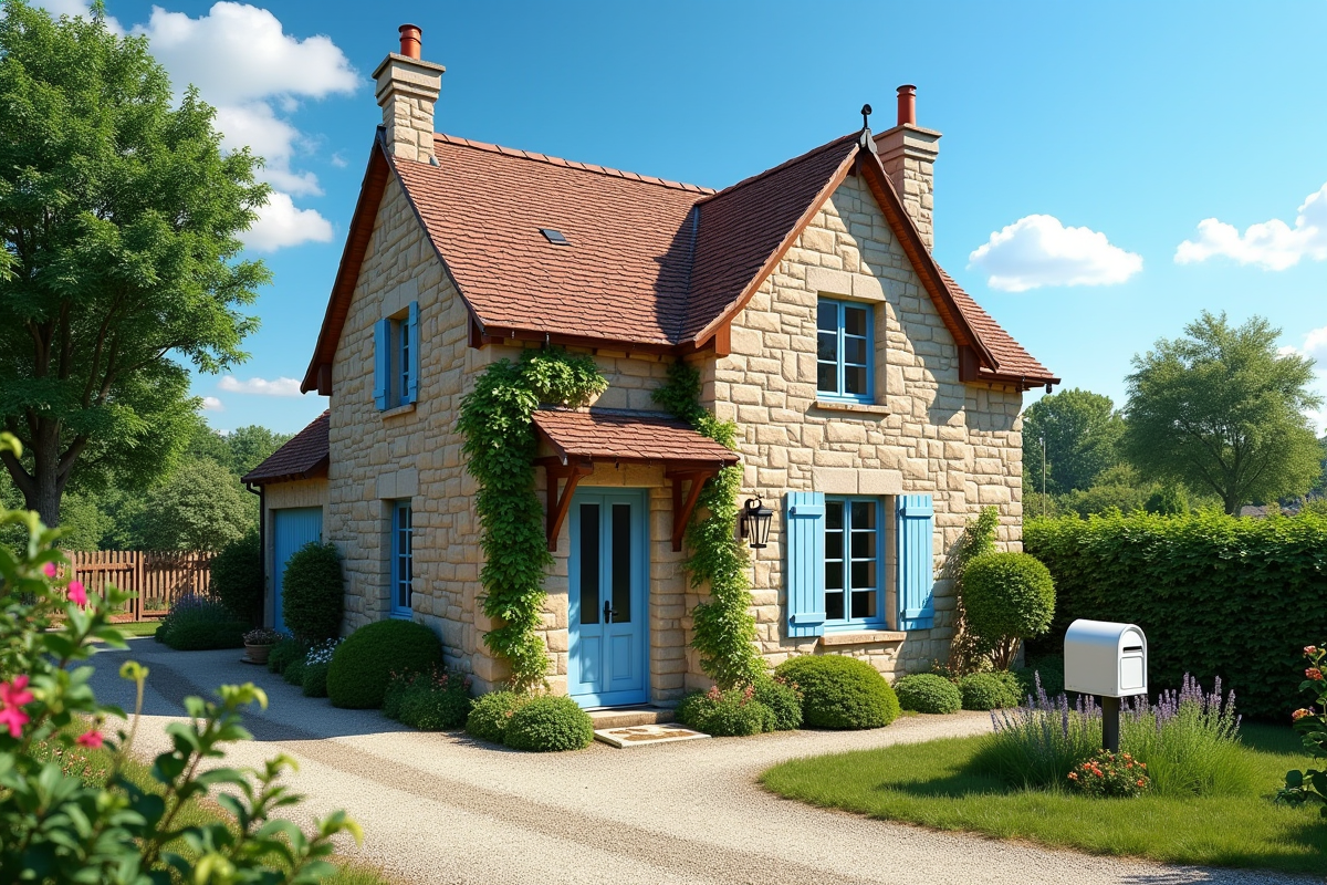Maison en pierre dans un village calme avec jardin fleuri