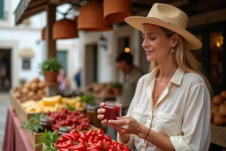 Femme découvrant les produits locaux d'un marché basque traditionnel avec piments d'Espelette et fromages artisanaux