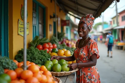 Marchande de fruits et légumes souriante dans un marché coloré de Kingston, Jamaïque